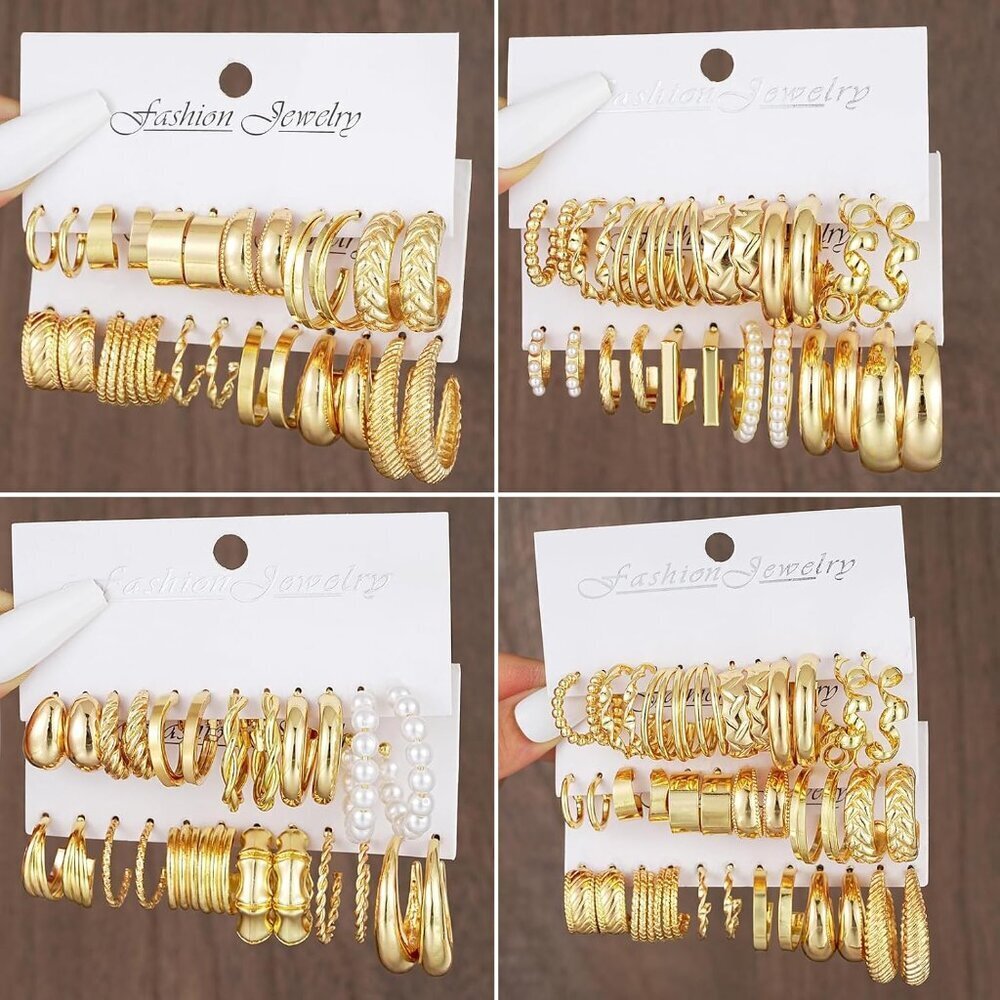 Gold Hoop Earrings Set 36 Pairs Mix of Sizes and Styles Hypoallergenic Jewelry - Picture 9 of 9